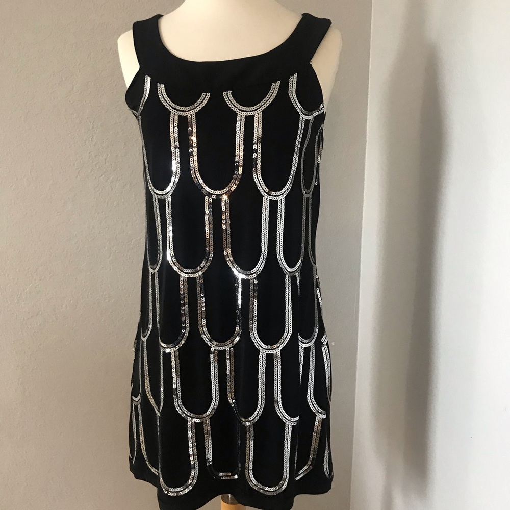 Dressbarn black &silver seguir dress strech size 6
